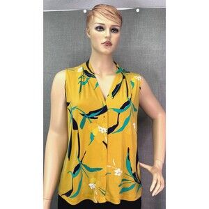 Calvin Klein Sleeveless Top Women's Plus Size 2X Yellow Teal Navy Floral Print
